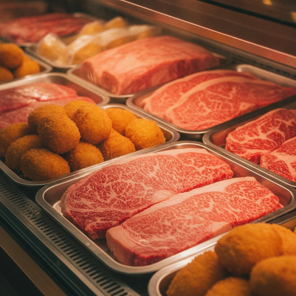 築地の精肉店のショーケースに並ぶ霜降り和牛と吊るした焼豚